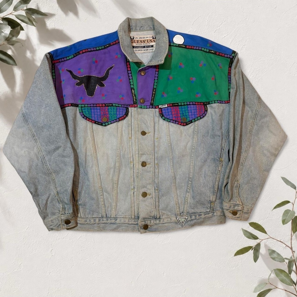Vintage 1991 GUESS Georges Marciano Hand Painted Denim Jacket Texas XL